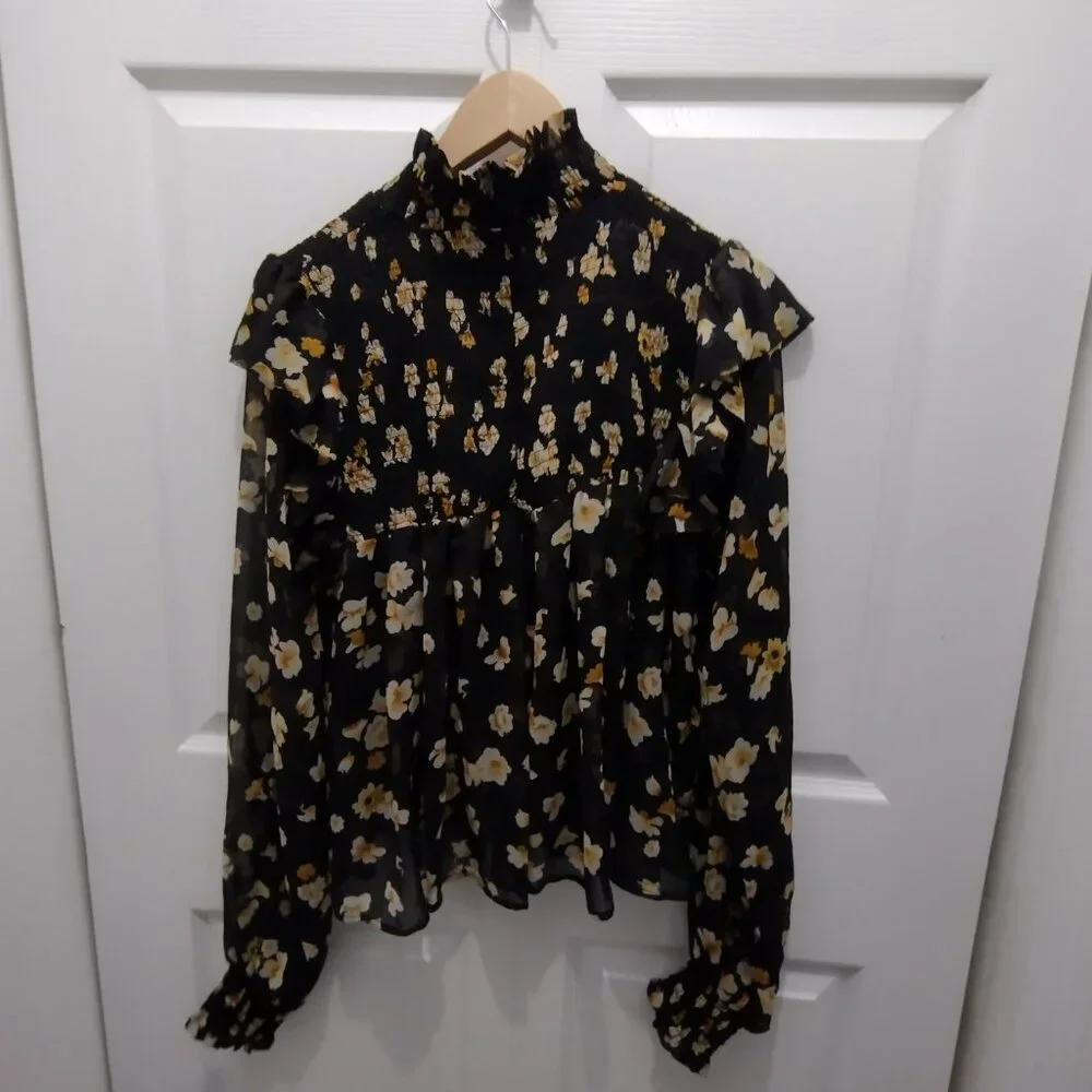 O.P.T. Floral Ruffle Neck Blouse Large Black Sheer Long Sleeve Romantic Top - Picture 9 of 15